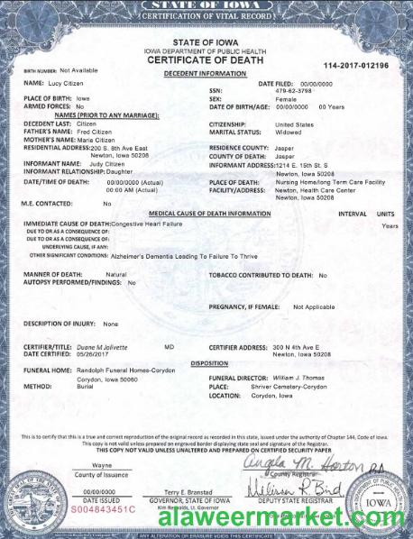 USA Iowa state death certificate template in PSD format